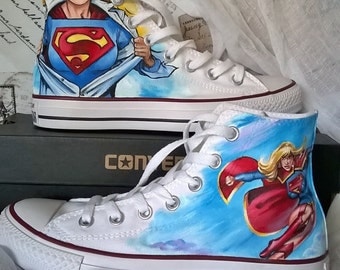 Super girl shoes , Converse shoes, hand painted superhero shoes, comic inspired art, custom converse shoes