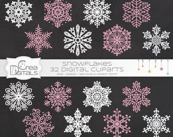 Pink glitter and white snowflakes cliparts for winter and Christmas - INSTANT DOWNLOAD