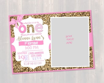 Pink and Gold, First Birthday Invitation, Glitter girl birthday, Glitter Invitation, Girls First Birthday, Pink,white, gold Invitation