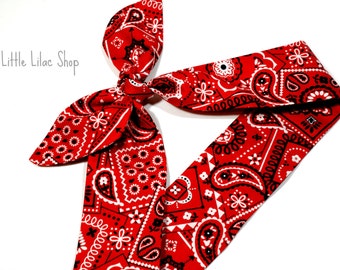 Bandana Paisley Head Wrap for Women, Top Knot, Red Bandana, Headwrap, Head Scarf, Turban, Knotted Headband, Dolly Bow, Rockabilly Headband