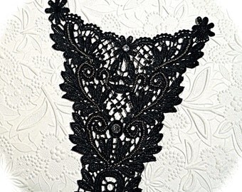 Black Venice Lace Applique Beaded Goth Applique Sewing Supplies BA-203