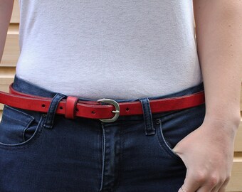 Skinny Red Leather Belt 3/4"