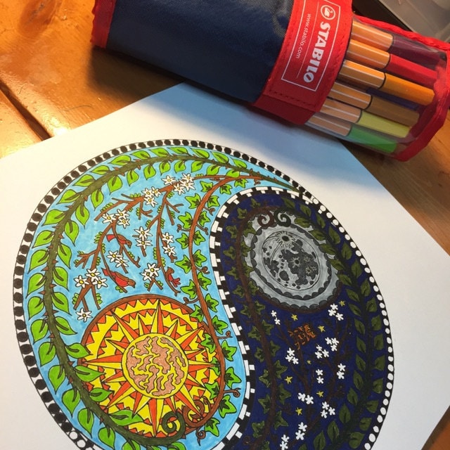 Yin Yang Moon and Sun adult coloring page by Candy Hippie http://candyhippie.com