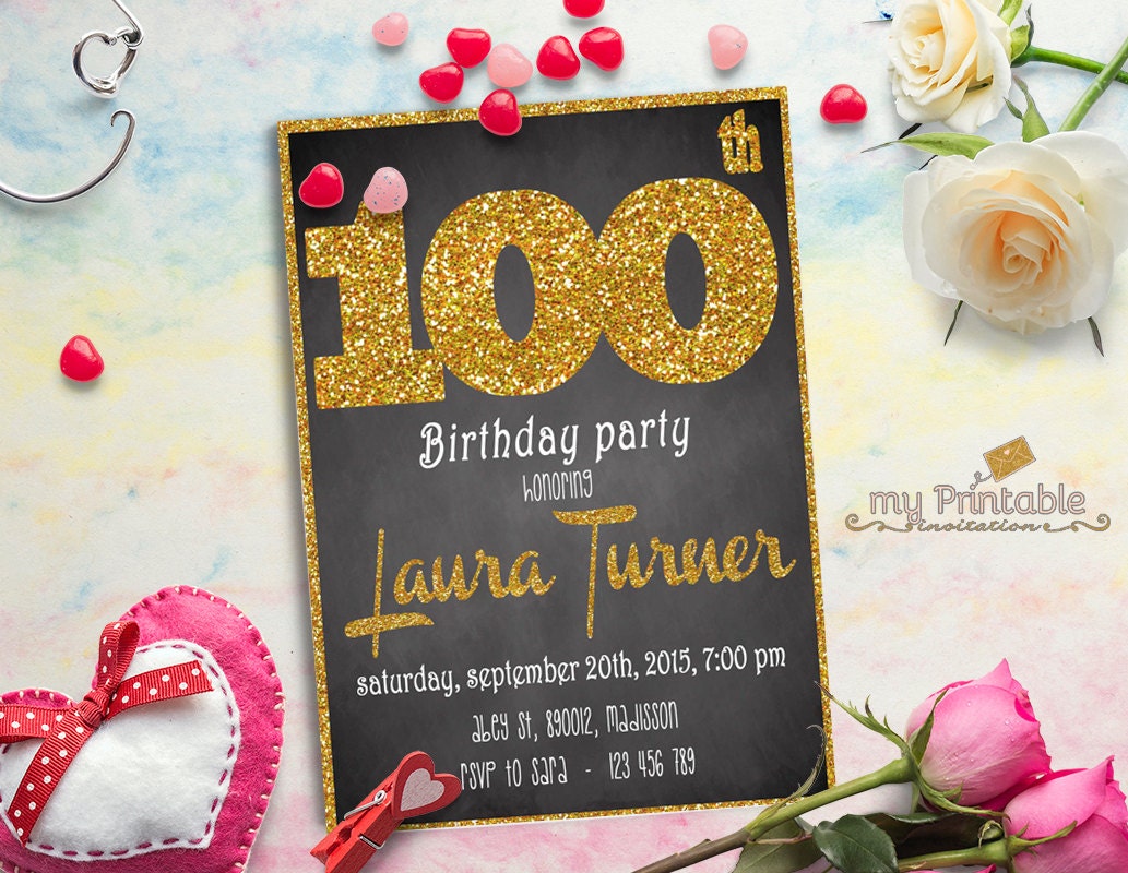 100th Birthday Invitation / Glitter / Printable