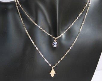 Gold hamsa hand necklace, evil eye necklace, layering necklace set, delicate necklace, charm necklace, set of two, Hand of Fatima necklace