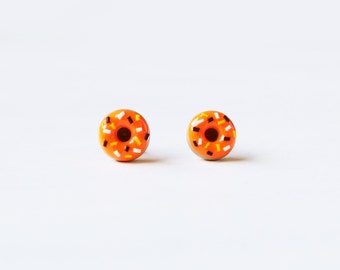 Elfi Handmade Cute Halloween Sprinkle Doughnut Stud Earrings, Dessert Food Jewelry, Pumpkin Earrings, Orange Earrings, Inedible Food