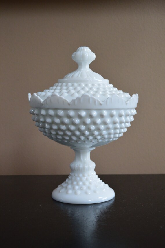 Vintage Fenton Milk Glass Hobnail Lidded Candy Dish 8 5