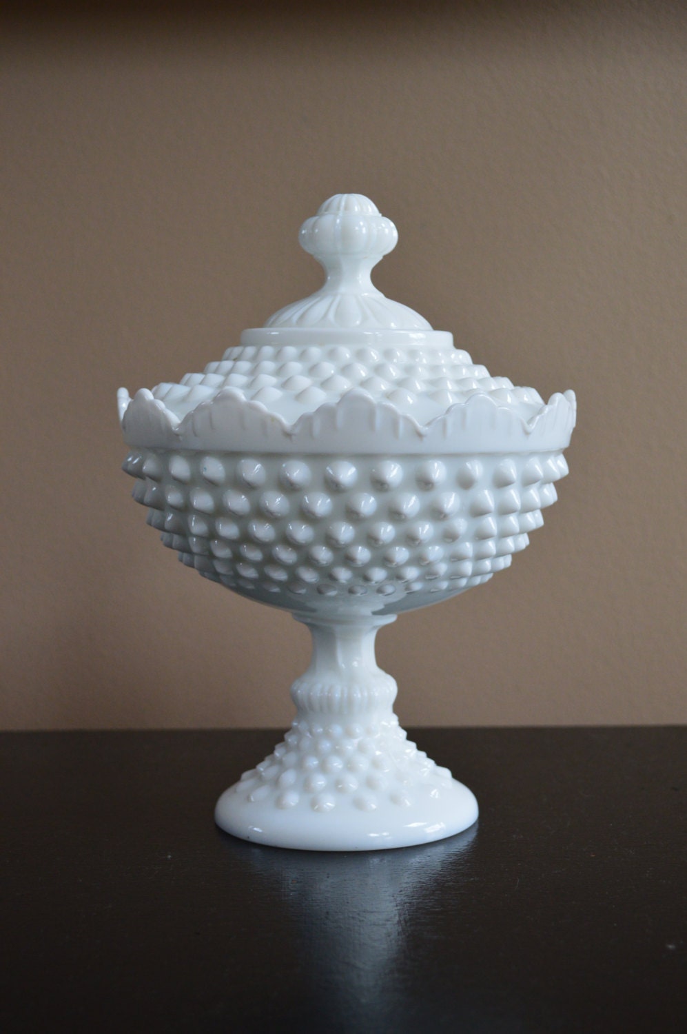 Vintage Fenton Milk Glass Hobnail Lidded Candy Dish 8.5