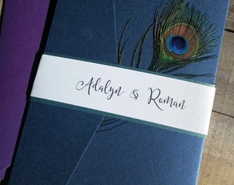 Peacock Wedding Invitation Suite, Peacock Feather Invitation, Pocketfold Invitation, Elegant Script, peacock feather, Blue, Purple, Green