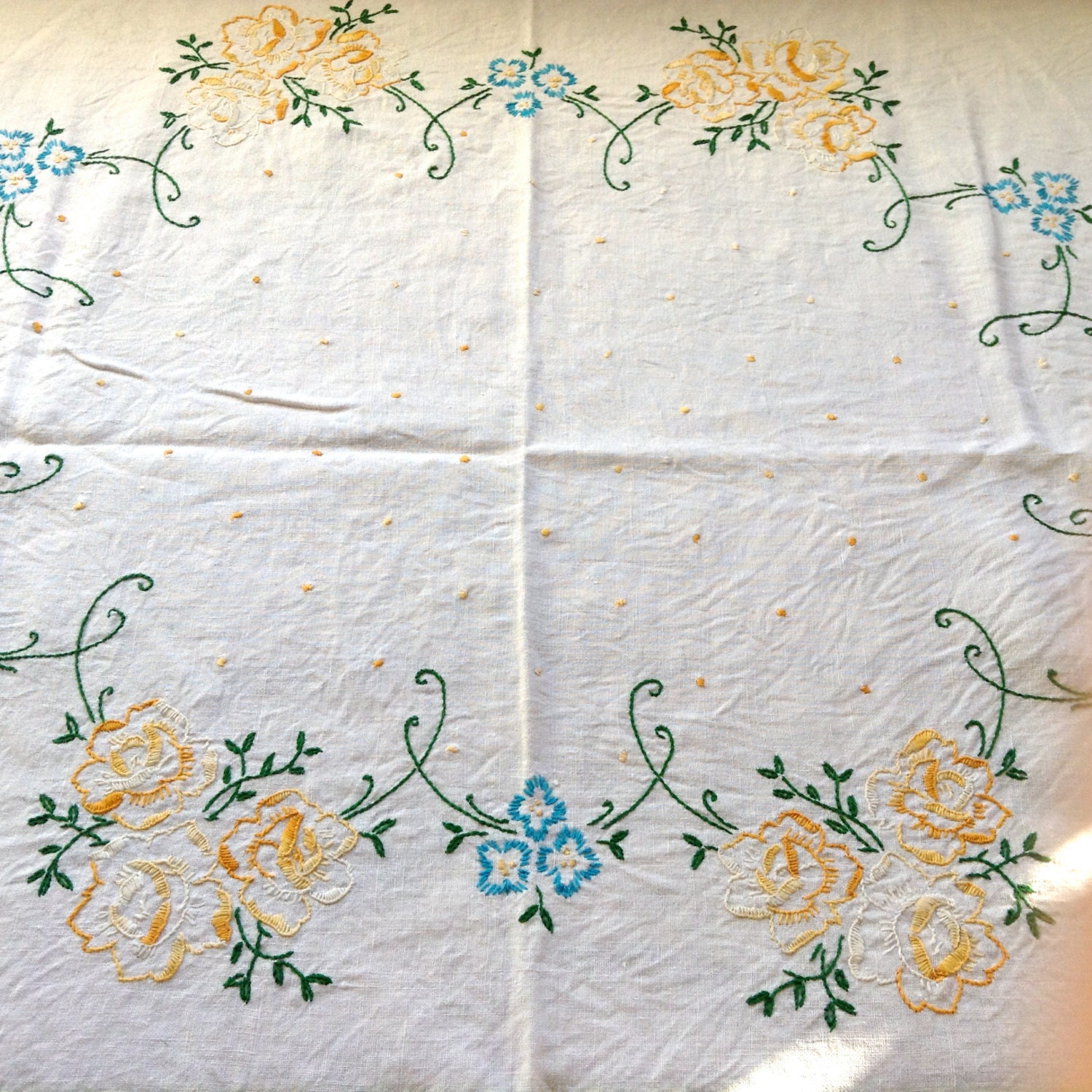 Vintage 50s HAND EMBROIDERED ROSES Tablecloth Shabby French