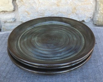 Pottery dinner plates set of 4 wheel thrown dinner platters in Iron Lustre blue grey glaze