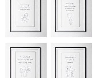Set of 4 winnie the pooh quote A4 prints - nursey wall art -christening present -