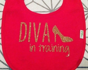 Diva in training Bib, Red Pink or White, Baby Girl Bib, High Heel Bib, Glitter Bib, Christmas Gift, Funny, Newborn Gift, Baby Accessories