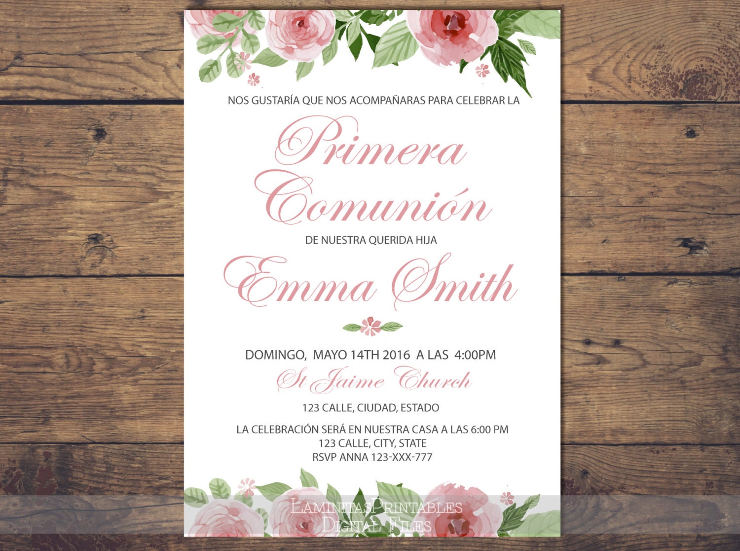 Floral first communion invitation spanish girl primera