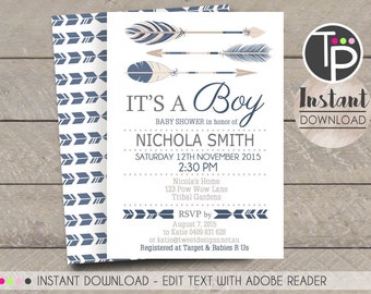 TRIBAL ARROW Baby Shower Invitation, Instant Download ARROW Baby Shower Invitation, Arrow Boy Baby Shower,Edit yourself with Adobe Reader