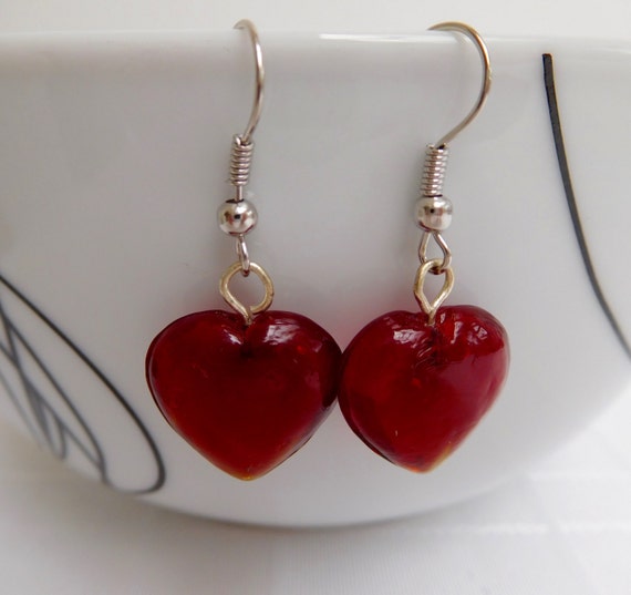 Red Heart Drop Earrings Red Earrings Heart Earrings Dangle