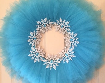 Blue Tulle Tutu Wreath with Glitter Snowflakes; Winter Wreath; Frozen Wreath; Christmas Wreath; Holiday Decor Wreath for Girl