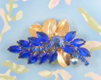 Vintage Cobalt Blue Rhinestones and Gold Tone Leaves Brooch