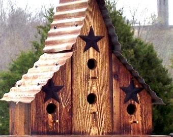 Large Burnt Cedar Barn Style Bird House Re-purposed wood Corrugated rusty tin Roof Blue Bird Wren House