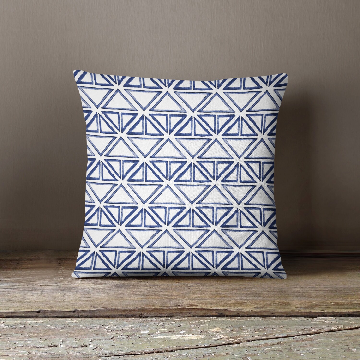 Indigo blue triangle pattern tribal throw pillow by daysenddesigns