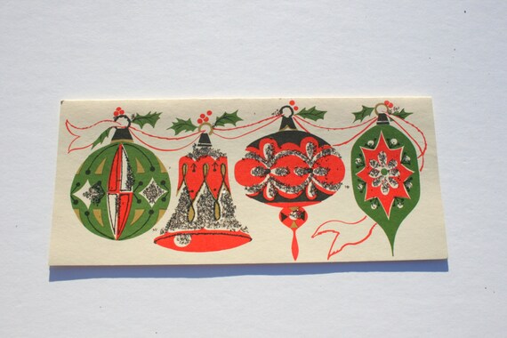 Vintage Unused Glitter Christmas Card Mod Retro Ornaments