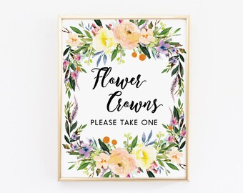 Flower Crowns please take one sign, party sign, floral sign, printable signs, party decor, wedding sign printable, baby shower sign