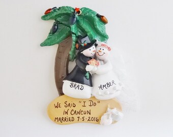 Personalized Just Married Tropical Wedding Ornament - Destination Wedding Couple Christmas Ornament- Beach Wedding Personalized Ornament