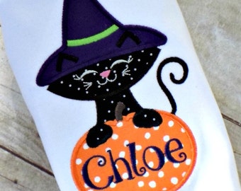 Girls Halloween Shirt, Toddlers Halloween Shirt, Cat Witch, Cat, Bodysuit, Infants, Personalized,Embroidered, Appliqued, Pumpkin, polka dots