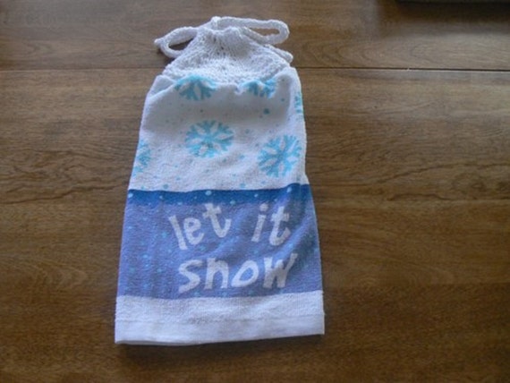 Lovely Let It Snow Hanging Dish Towel With Hand Knit Topper and Ties