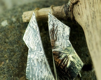 Sterling Silver, Hammer Textured, Hammered, Handmade Fixed Wire Earrings, Geometric Shaped Earrings