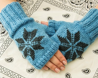 Blue acrylic fingerless mittens with jacquard, warm fingerless gloves, wrist warmers, soft arm warmers