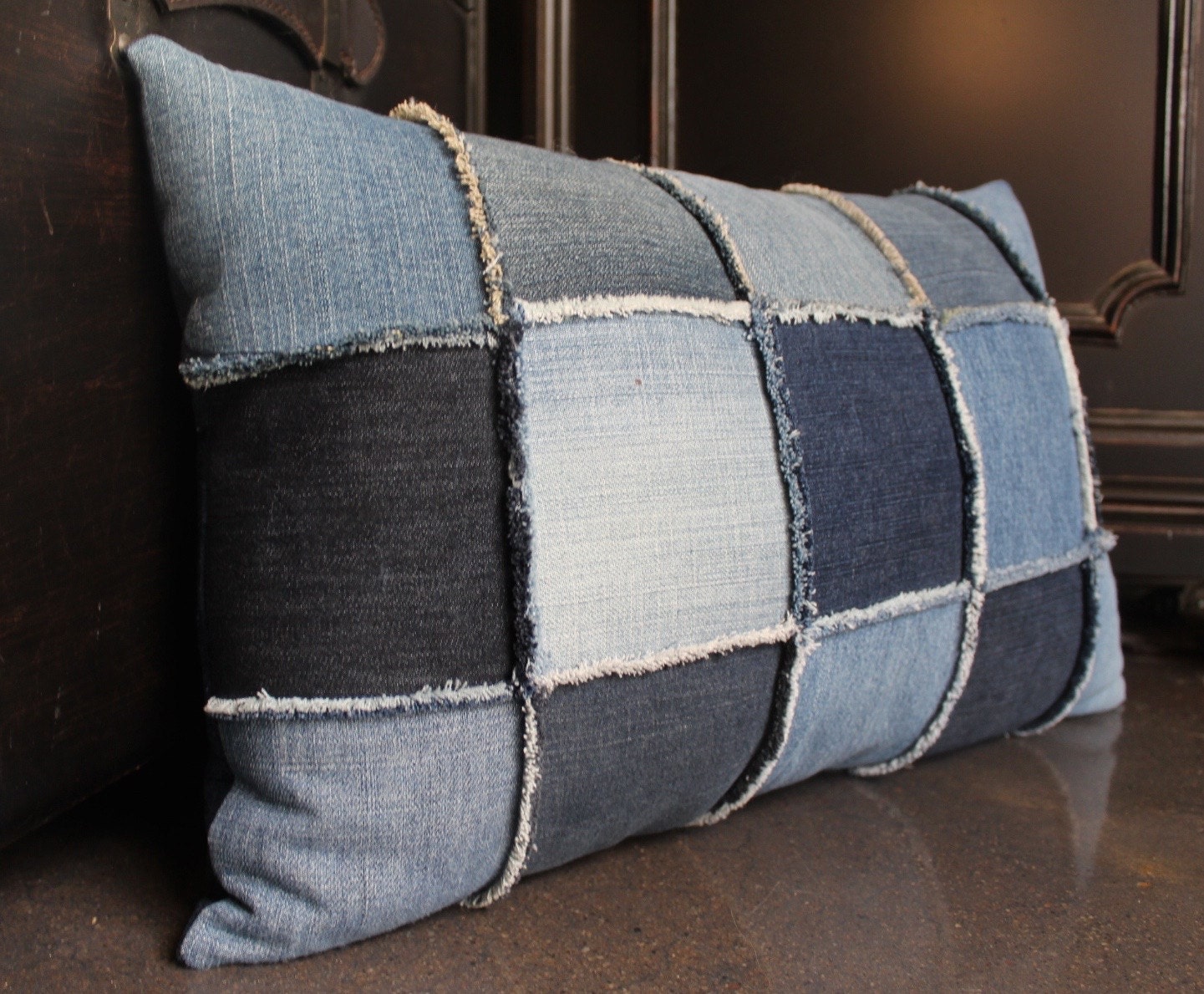 Large Denim Pillow with Fray Patch Front Design by AllintheJeans