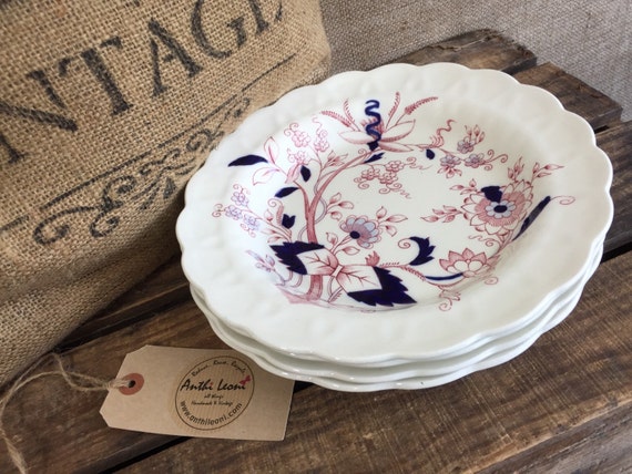 BOOTHS FRESIAN A8022 - 4 x 10" Bowls Plates / Booths Pottery Made in England Circa 1912 / Red and Blue Floral Fresian Pattern Plates