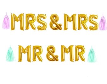 Mrs & Mrs Balloon Banner Garland with Tassels, Mrs and Mrs Banner 14" Balloons, Gold and Silver Wedding Balloons