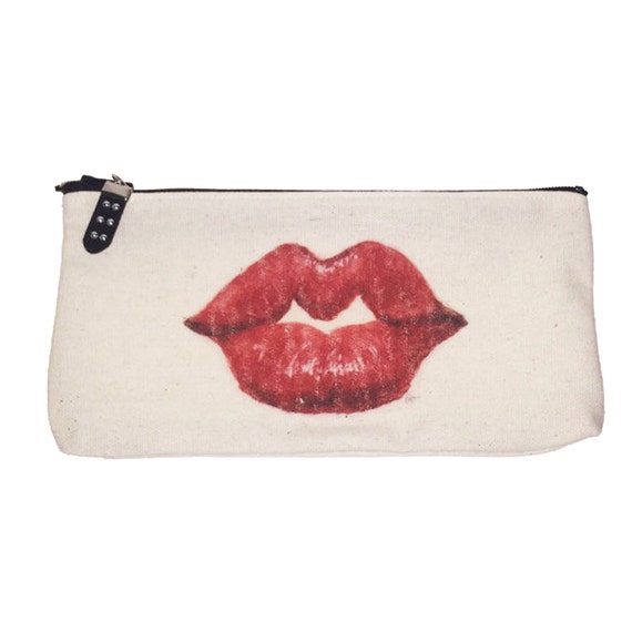 Watercolor lips Cosmetic bag zipper wallet Canvas bag kiss