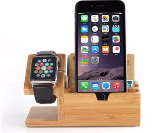 Genuine Bamboo Charging Dock Charger Station Desk Stand Holder with 3 USB Ports