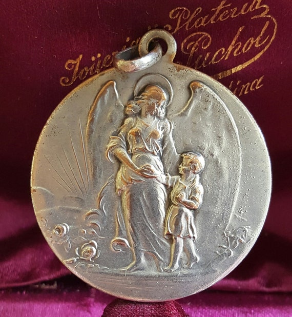 Large Vintage French Silver Plated Guardian Angel Medal