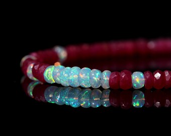 Genuine Ruby and Opal Bracelet, Natural AAA Ethiopian Opal & Red Ruby Jewelry, Sterling Silver Clasp, July October Birthstone, Gift for Her