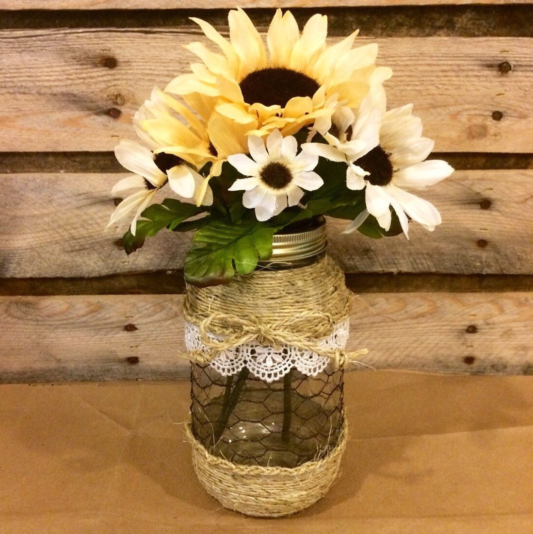 Mason Jar Floral Arrangement Twine Wrapped Mason Jar Vase