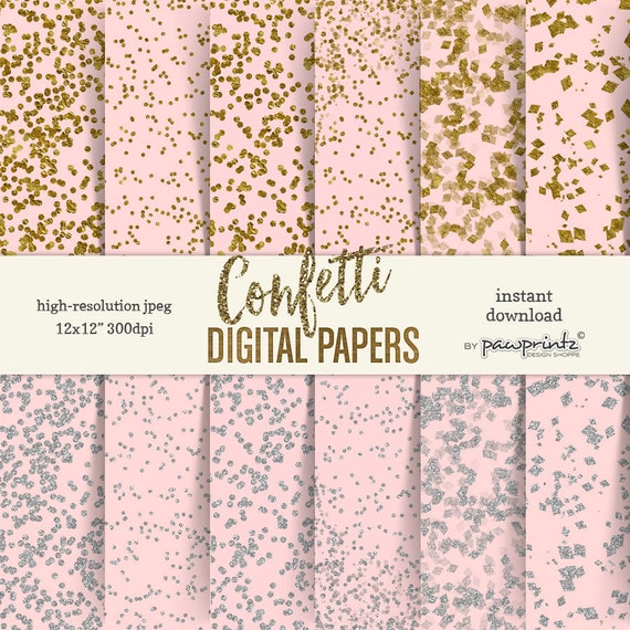 Download Confetti Digital Paper: Blush Pink with Gold Foil & Silver ...