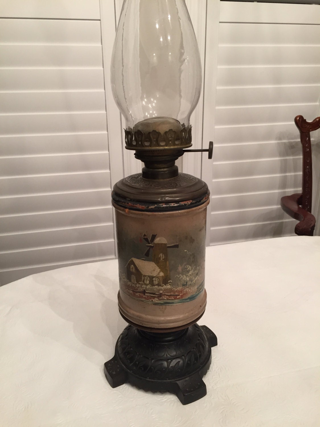 Vintage metal oil lamp with handprinted Dutch by InMyVillageAttic
