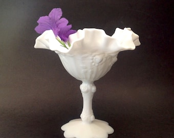 Vintage Fenton Milk Glass Pedestal Compote - Fenton Rose Milk Glass - Fenton Glass Ruffle Bowl