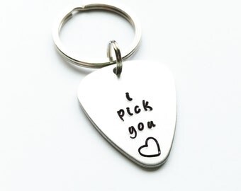 I pick you personalized hand stamped keychain, guitar pick keychain, hand stamped guitar pick, Valentine's keychain, valentine's day