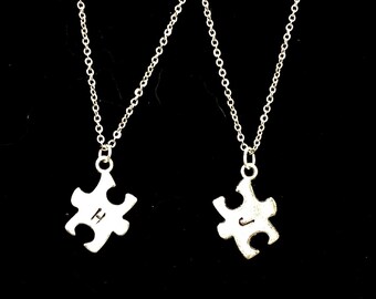 Hand stamped puzzle piece necklace, best friend initial necklaces, Couple's matching puzzle necklaces