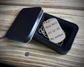 Personalized Dog Tag Necklace with Black Tin, Custom Engraved Dog Tag Necklace, Army Gift, Military Gift, Military Husband, soldier gift