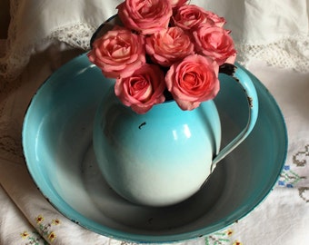 French Vintage Sky Blue Large Enamel Jug/Pitcher and Bowl