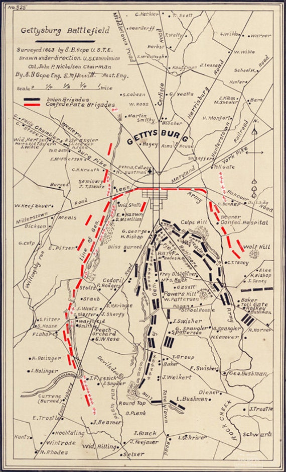 1863 Map of Gettysburg Civil War Battlefield Adams County