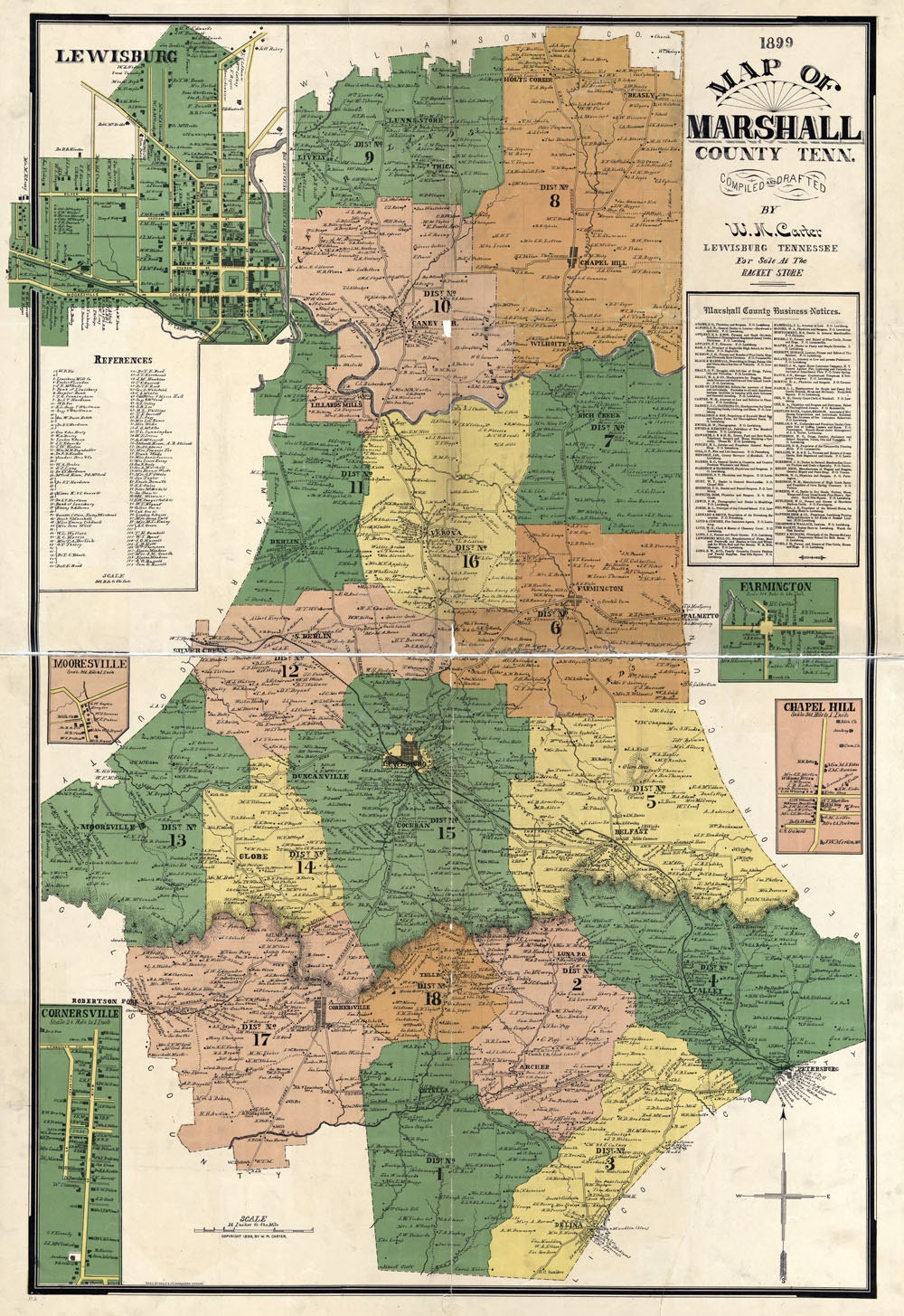 1899 Map of Marshall County Tennessee Lewisburg