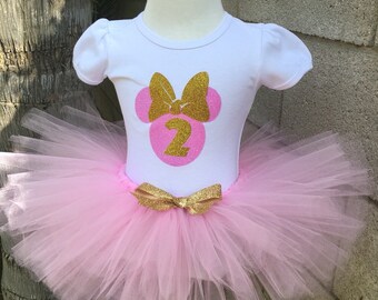 Pink and Gold Minnie Mouse Tutu Set, Pink Glitter Minnie Tutu Set, Pink Tutu, Personalized Birthday Shirt, Birthday Outfit