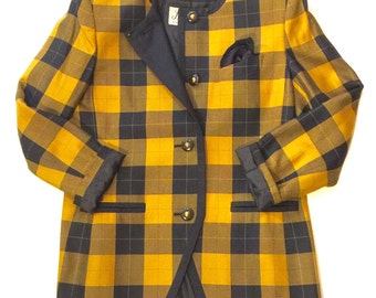 1980s checkered navy blue and mustard yellow blazer